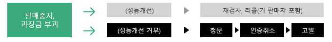판매중지, 과징금 부과→(성능개선)→재검사, 리콜(기 판매차 포함)
판매중지, 과징금 부과→(성능개선 거부)→청문→인증취소→고발